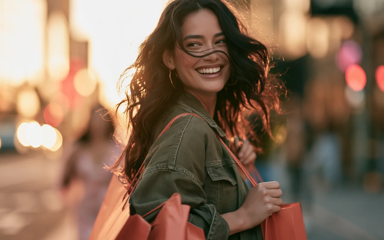 Clienta sonriendo con bolsas de compra tras usar los descuentos del club de beneficios SunClub