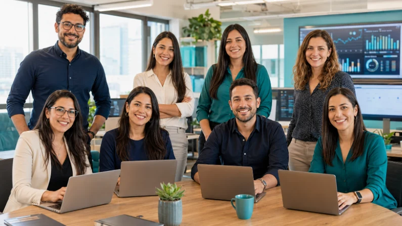 Equipo de especialistas de Sunloyalty en su oficina, con los paneles de métricas de los programas de fidelización en pantalla
